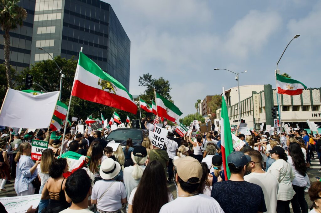 a crowd of people holding signs and flags